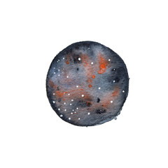 Watercolor illustration of a planet, meteorite, moon, and outer space. © Violetta