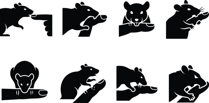 Rat Biting Human Finger Silhouette Vector Icon Set for Pest Control Services, Medical Safety Guides & Animal Behavior Education (EPS)