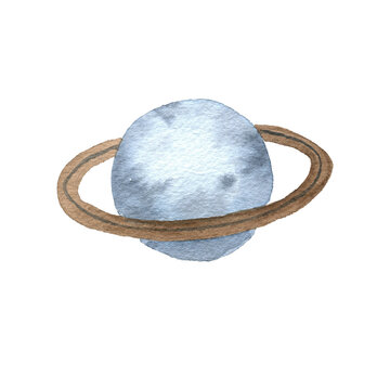 Watercolor illustration of a planet, meteorite, moon, and outer space.