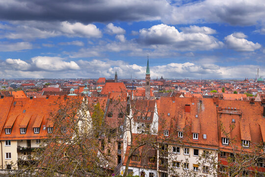 Panoramic view of Nuremberg old town from the castle wall in Germany. Exterior layout, horizontal landscape orientation
