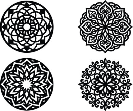 A selection of four intricate circular black mandala vector designs for imaginative laser cutting and artwork projects.
