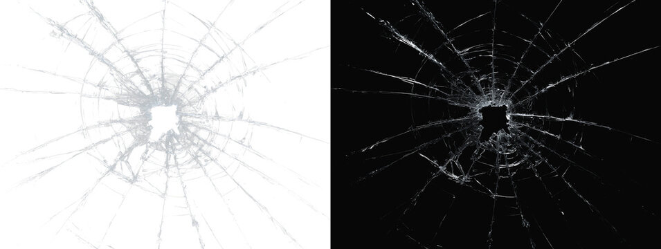 Broken glass texture with bullet hole cracks isolated on white and black backgrounds set