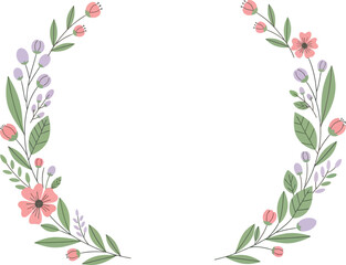 Fototapeta premium Floral wreath with delicate leaves and blossoms vector illustration isolated on transparent background