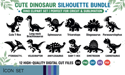 Print Cute Dinosaur Silhouette Bundle - 12 High-Quality Digital Cut Files for Cricut Sublimation and Kids DIY Projects © Rahim