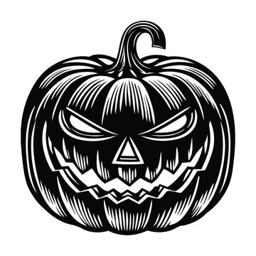 Spooky Halloween vector illustration featuring a scary jack-o'-lantern pumpkin with a creepy carved smile, sharp zig-zag teeth, and menacing eyes on a isolated white background.