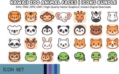 Obraz premium Print Kawaii Zoo Animal Face Icons Bundle - Cute Cartoon Clipart Set for Kids Stickers Education Crafts and Sweet Nursery Designs