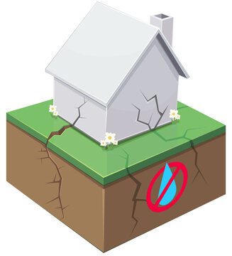 Vector artwork representing residential property damage caused by severe drought, soil dehydration, and clay shrinkage cracking the house structure, (cut out)