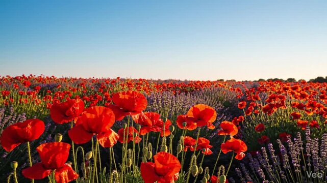 Vibrant Photo of Red Poppy Field and Purple Lavender Rows under Blue Sky