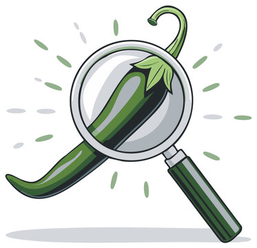 Magnifying glass examining a green chili pepper, vector illustration.