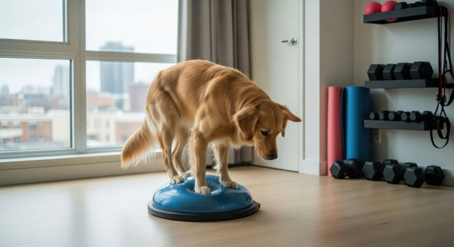 Golden retriever dog carefully balancing on a blue balance disc in a bright modern home gym with dumbbells and a yoga mat, dog fitness training and pet wellness concept, city view through the window