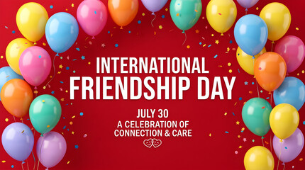 International friendship day greeting card with colorful balloons on red background