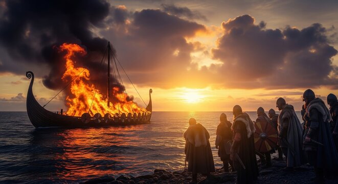 Group of Viking warriors in medieval armor watching a burning longship on fire at a dramatic ocean sunset, dark and moody historical epic scene, ancient Norse mythology and battle concept 