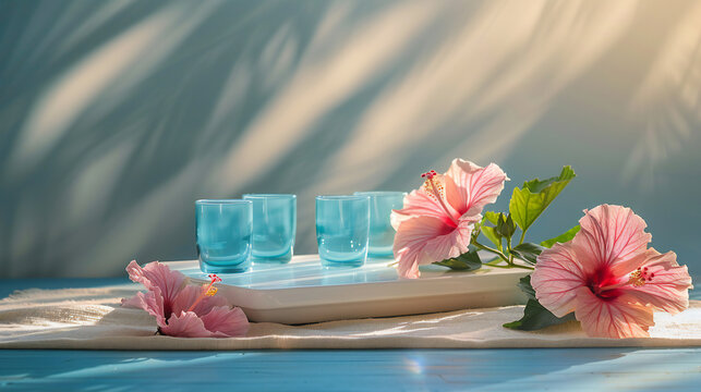 Bright summer flat‑lay of ceramic serving board, linen runner, glass tumblers and pink hibiscus petals with warm octabox lighting, copy space