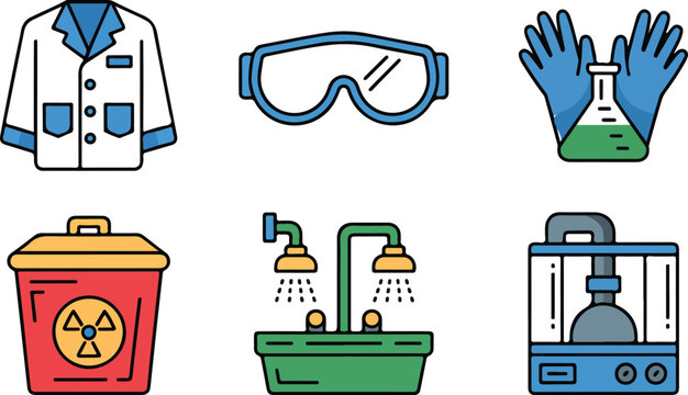 Laboratory safety equipment icons set featuring lab coat goggles protective gloves biohazard waste bin shower and fume hood vector