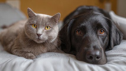 Close-up of a grey cat and black Labrador Retriever relaxing together on a cushioned surface. Focused, direct gaze. Domestic harmony, pet friendship concept. 