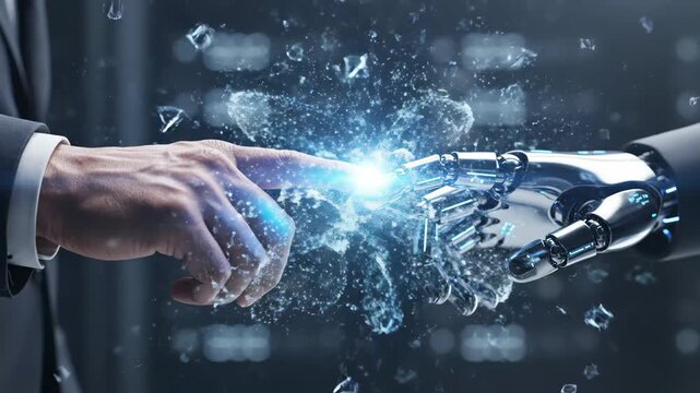 Professional business person and mechanical robot touching fingers to initiate data transfer in server room