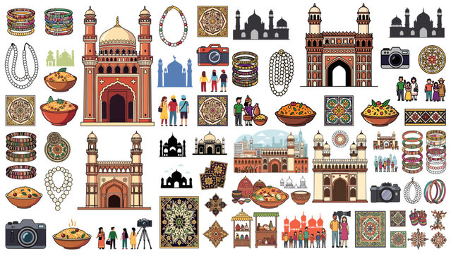 India Travel Icons With Landmarks Food Jewelry Culture Vector Set