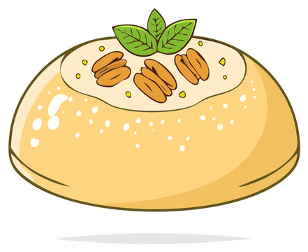 Cartoon cream dessert with pecans and mint leaf on top illustration