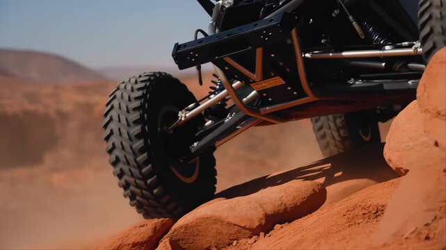 Off-Road Vehicle Driving on Rocky Terrain with Large Tires and Suspension Featuring Car, 4x4, Atv with Utv and Desert Elements for Sand, Dust