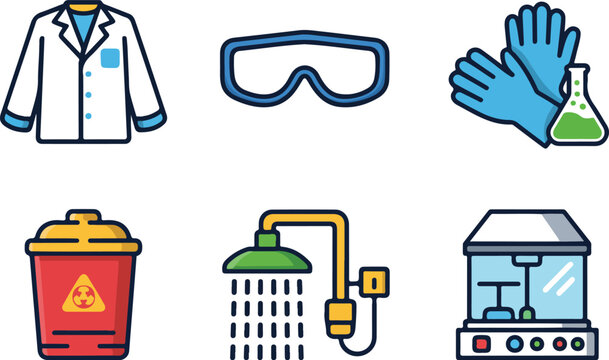 Laboratory safety equipment icons set featuring lab coat goggles protective gloves biohazard waste bin shower and fume hood vector