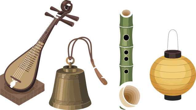 Traditional Asian musical instruments and cultural objects set featuring pipa lute bronze bell bamboo flute and paper lantern vector