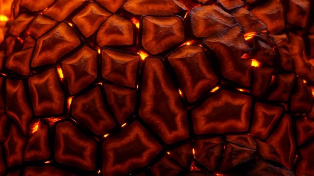 Molten Volcanic Rock Cooling with Glowing Cracks and Hexagonal Textures, Fiery Orange Magma Texture Macro Close-Up Background