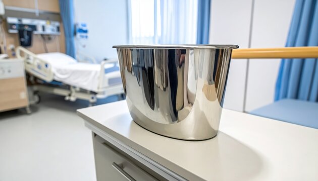 Shiny chrome medical bedpan resting on a shelf within a hospital room setting