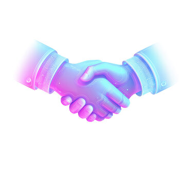 Two stylized hands shaking in a friendly handshake gesture with a vibrant neon gradient effect isolated on transparent background