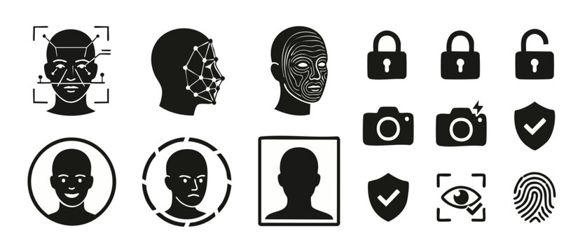 Facial recognition biometric security icons set featuring face scanning, digital identity verification, cyber security, user profile access, fingerprint scanner, iris scan, and protection shield vecto