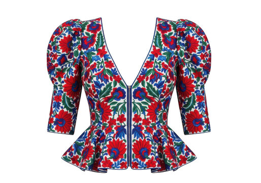 Vibrant floral patterned peplum top with ruffles isolated on transparent background