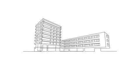 Naklejka premium A line drawing of a large building complex with multiple levels and windows on a white background