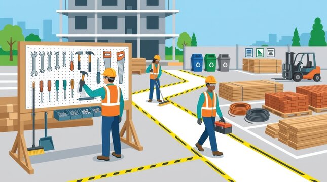 Workers manage tools and materials while ensuring safety at a busy construction site. They focus on organization and housekeeping.