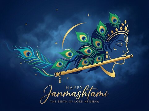 Sacred Happy Janmashtami Greeting Design with Golden Divine Elements