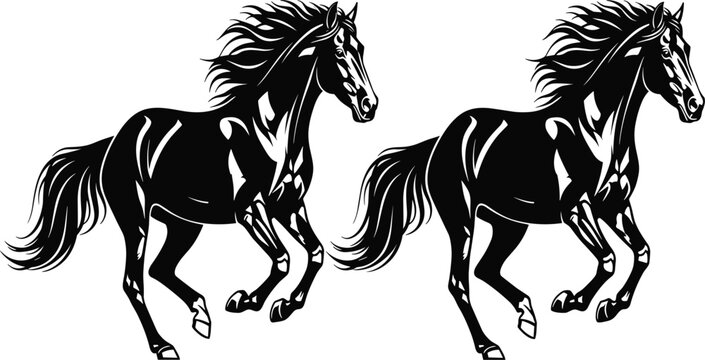 Two Running Black Horse Silhouette Vector Illustration Set with Wavy Mane and Tail for Western Theme Logos, Ranch Graphics, and Wild Animal Designs