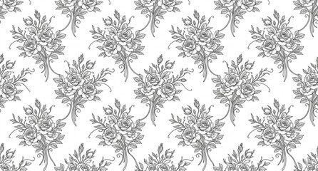 Fototapeta premium Vintage rose floral bouquet seamless pattern elegant black and white fashion vector design