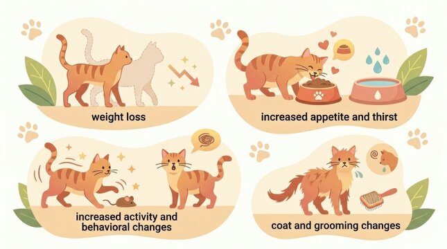 Cats display signs of hyperthyroidism such as weight loss, increased appetite, and changes in activity and grooming behaviors.