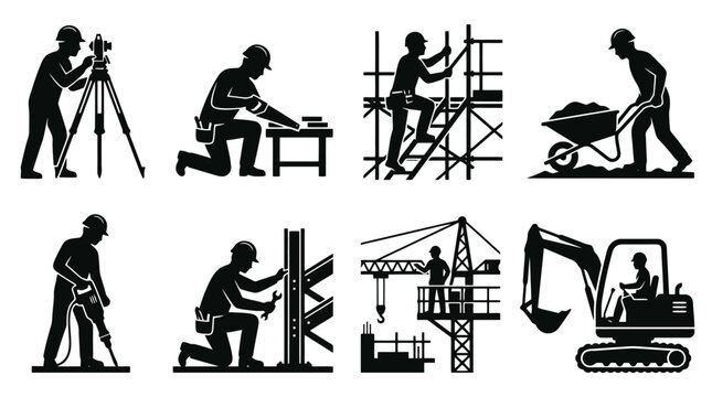 Construction workers and heavy machinery icons.