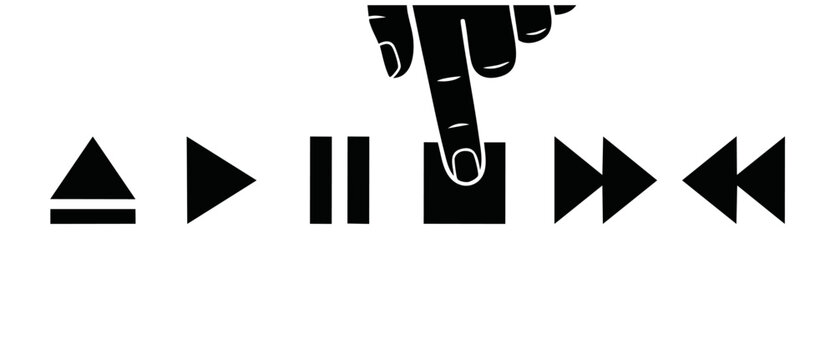 Hand pressing stop button icon on media player control panel interface, minimalist black and white silhouette concept for technology UI design, pausing action or ending process illustration background