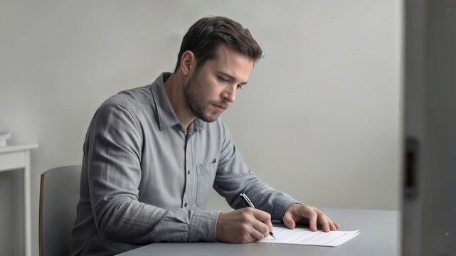 Serious young man signing legal document at desk in office. Medium shot with panning and tilting camera movement.