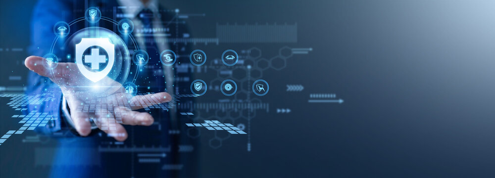 Policy agent manages risk. Specialist with a glow the hand InsurTech network portal. Digital insurance solutions streamline claims processing and enhance customer service transparency today.