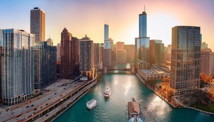 Obraz premium chicago river with boats and traffic from above in the morning