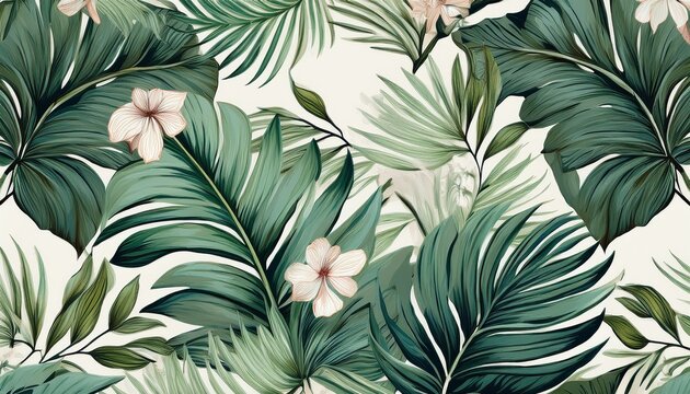 palm leaves and flowers pattern in modern style tropical print on white background botanical design and green colors generative ai