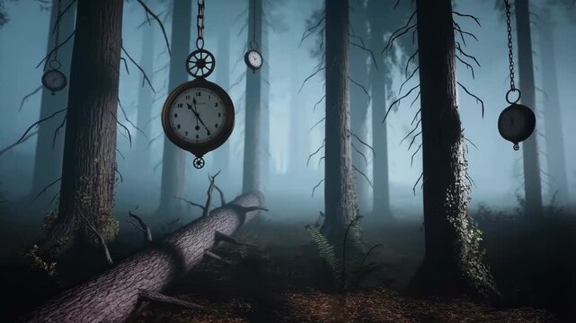 Clock Faces Hanging From Dead Trees in a Foggy Forest, with Rusted Mechanical Details and Eerie Atmosphere at Dusk
