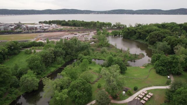 Aerial View of Philipsburg Manor and the Hudson River in Sleepy Hollow, New York