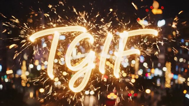 Sparkling "TGIF" lights up the night sky with a backdrop of bokeh city lights and fireworks.