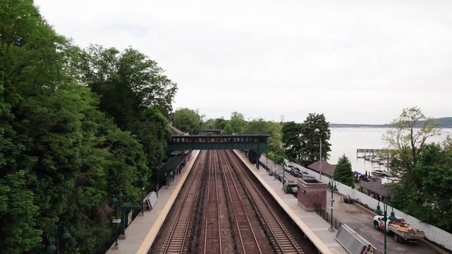 Aerial View of a Railway Station along the Hudson River with the Mario Cuomo Bridge