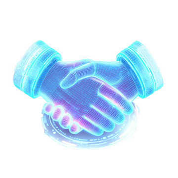 Glowing blue and purple neon handshake illustration representing agreement and partnership isolated on transparent background