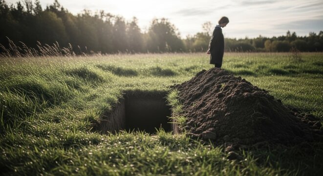 A solitary figure stands over an open grave in a field at sunset.