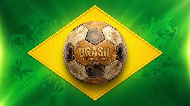 Vintage soccer ball on brazilian flag background with green gradient
