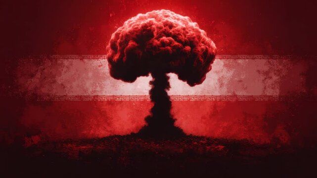 Explosion occurs during a nuclear test in an arid area with thick clouds of smoke rising into the sky at a testing site